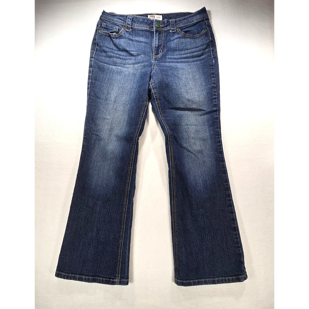 LEI Sophia Hipster Flare Jeans Dark Wash Embroidered Pockets Size 13 Short